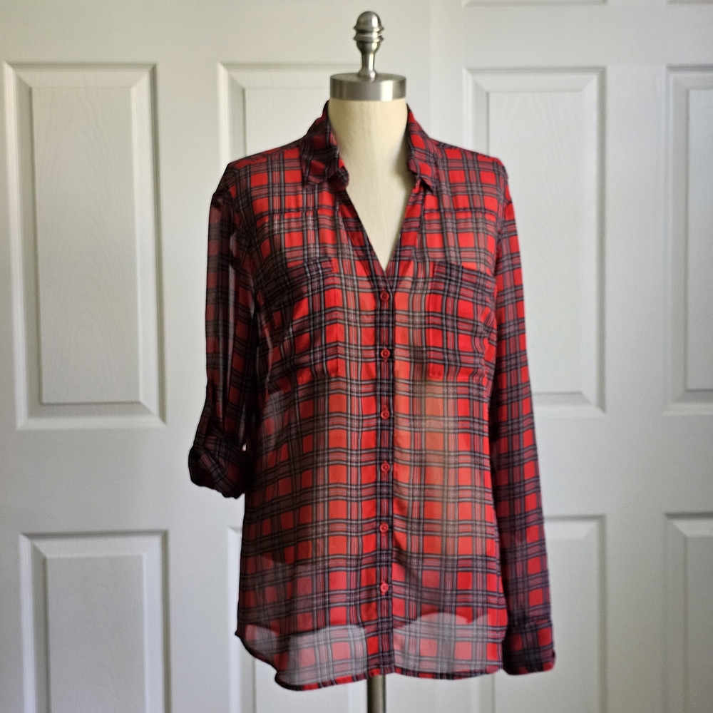 Express Red Plaid Sheer Blouse